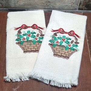 Embroidered Christmas Holiday Finger Tip Hand Towels Baskets Set of 2